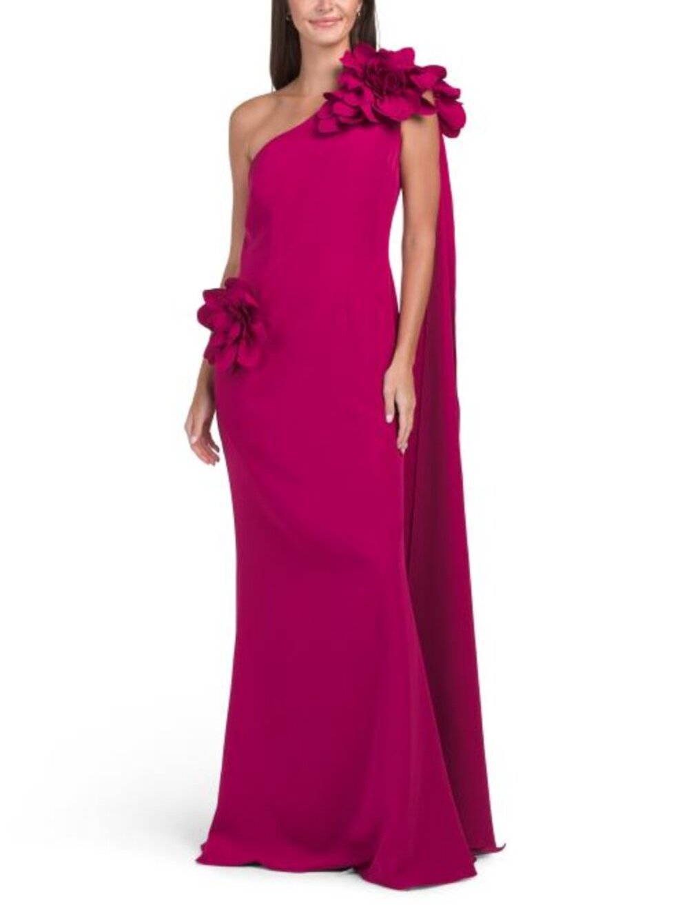 RENE BY RENE RUIZ One Shoulder 3d Floral Gown With Cape